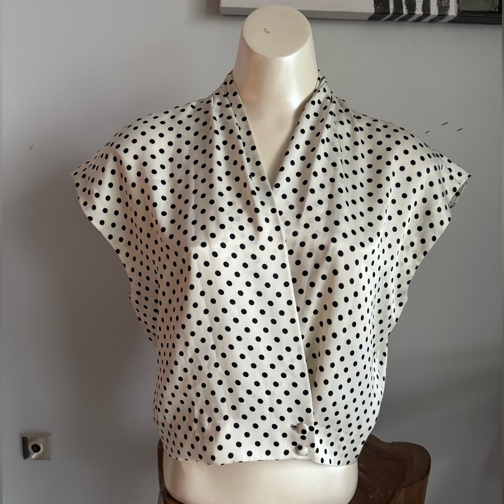Siam Sawako Retro Vintage Style Cream & Black Polka Dot Wrap Style Draped Top SM